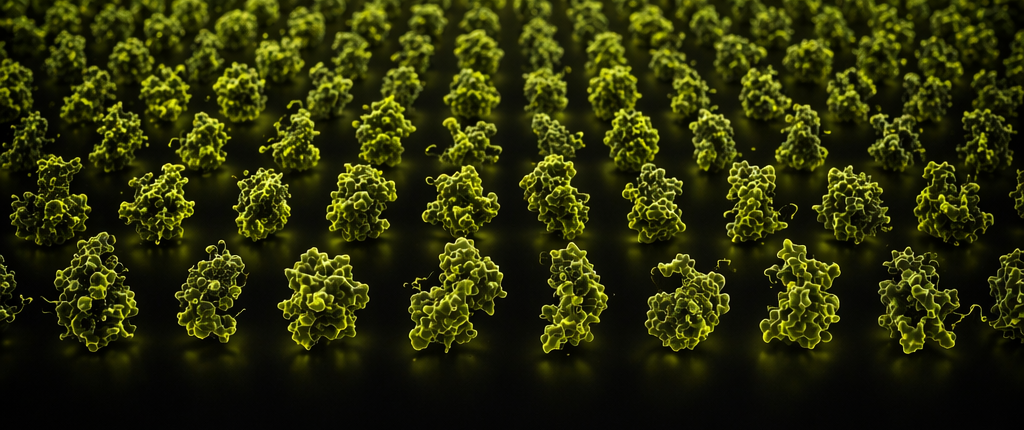 Rows of protein structures receding into the distance, representing proteome-scale data generation throughput