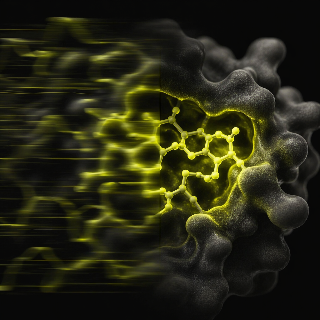 A molecule resolving into focus inside a protein binding pocket